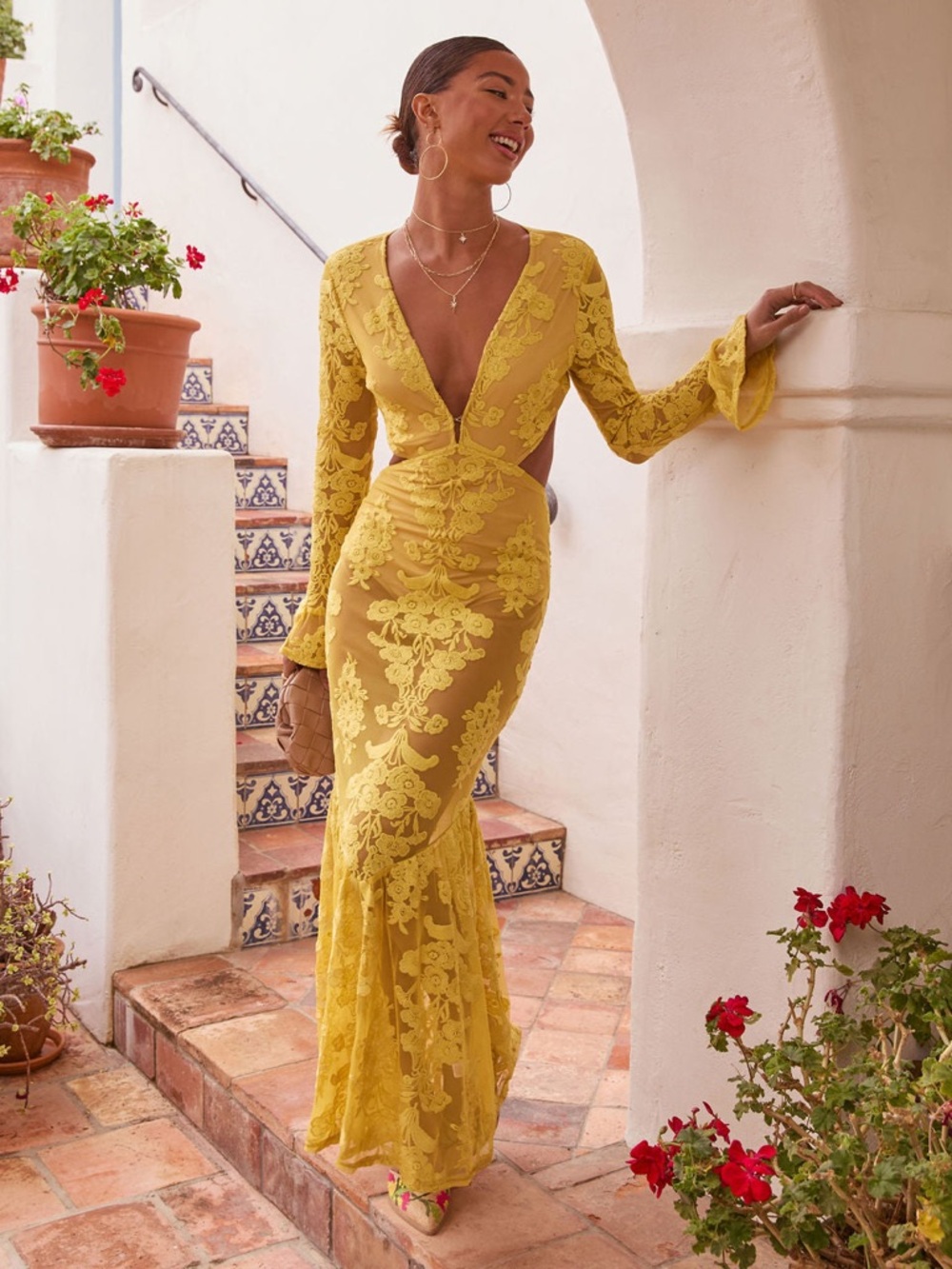 Vici Yellow Lace Deep V Long Sleeve Mermaid Gown